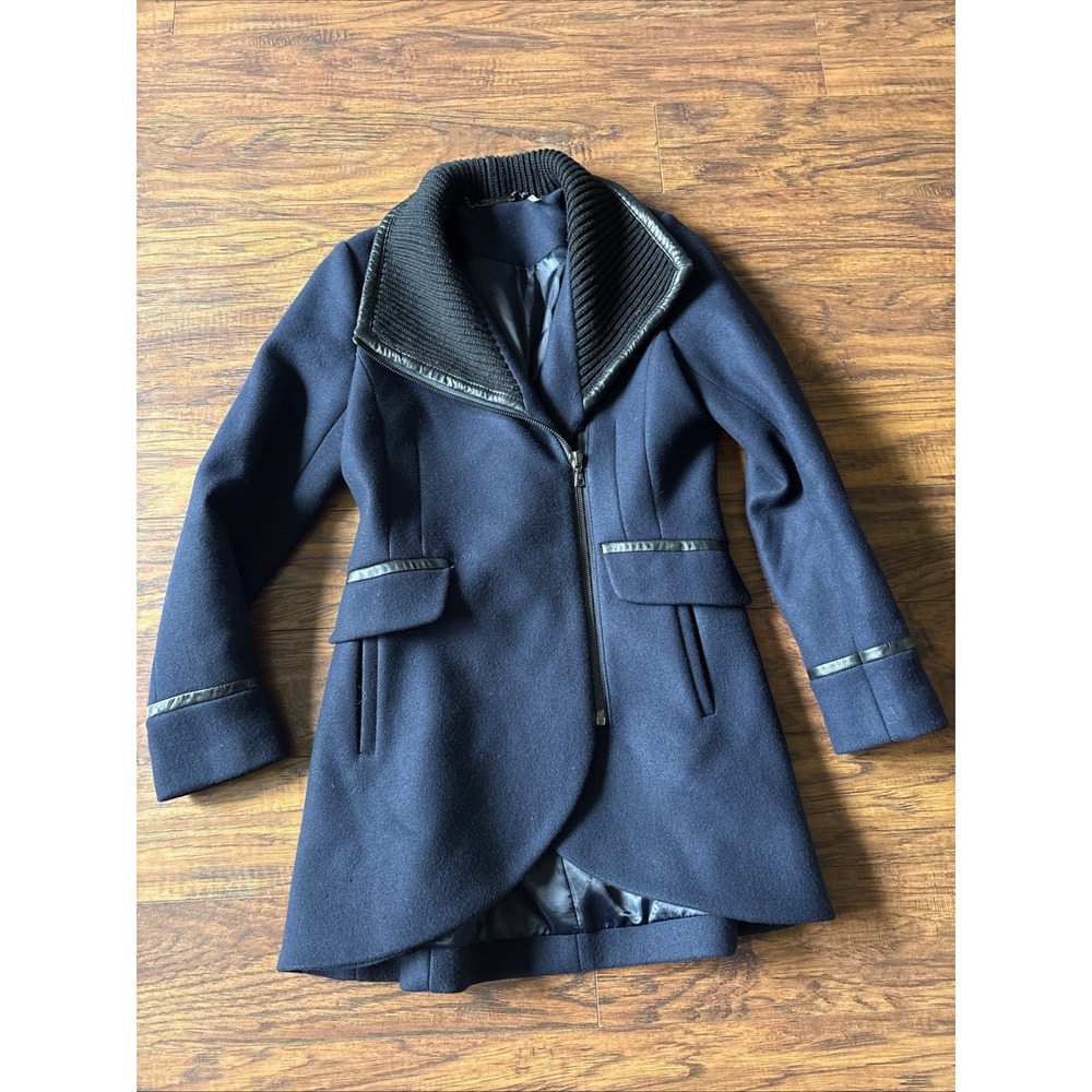 Trina Turk Wool Coat 2 Small Blue Navy Black Jacket Zip Mackenzie Leather Trim